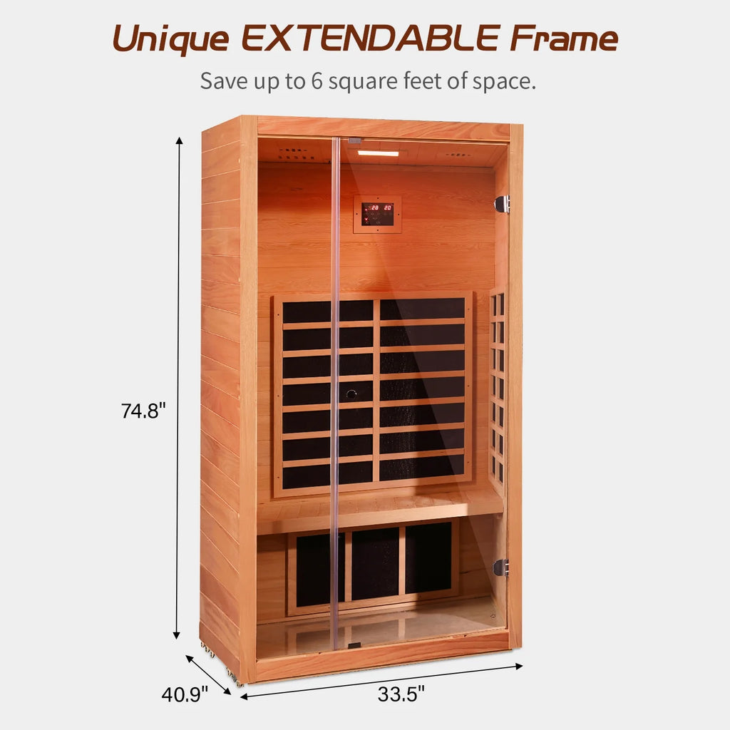 1 Person Extendable FAR Infrared Sauna for Home, Hemlock Wood Low EMF 6 Carbon Heaters Indoor Saunas with LED Lights, Bluetooth Speaker, Digital Control Panel, and Seating Bench